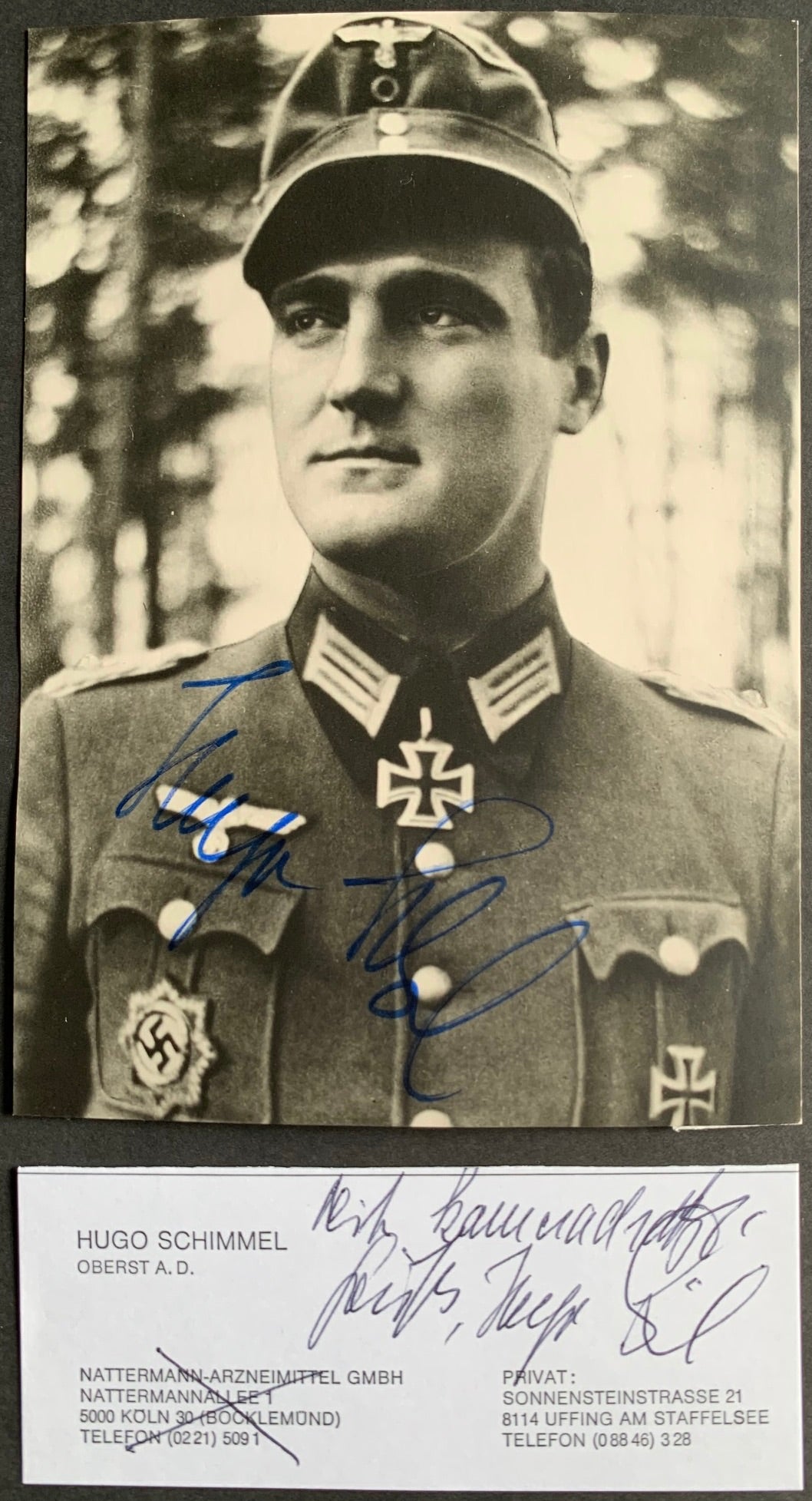 Hugo Schimmel : Infanterie Regiment 41 (mot.): Hand Signed Photograph and business card